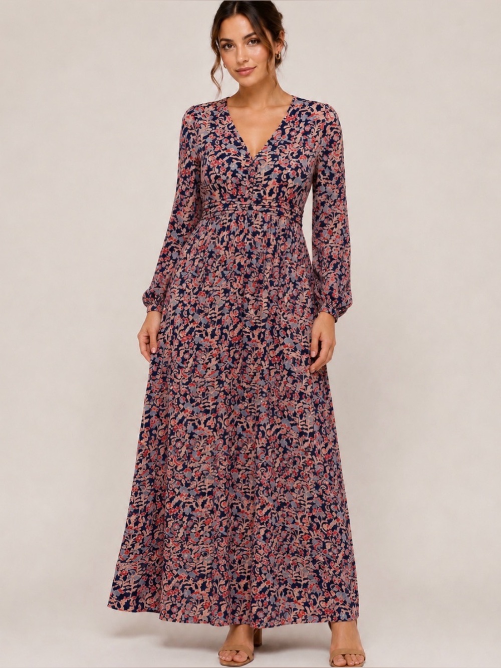 Amazon Navy Maxi Dress with Coral and Blush Floral Print